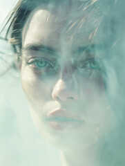 Minimalistic double exposure effect photography of a woman's portrait with green eyes, set in foggy soft light and muted pastel colors.
