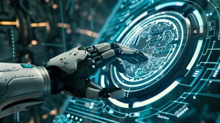 Fototapeta premium Technology: Futuristic robot hand touching a digital interface 