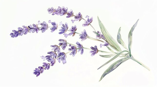 A calming watercolor depiction of a single lavender sprig, with soft purple hues on a white background