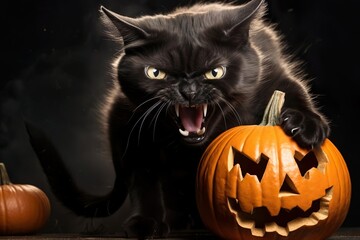 Halloween black cat protecting his pumpkin