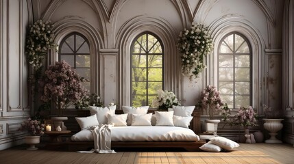 Bedroom background flat design top view eclectic bohemian theme 3D render black and white