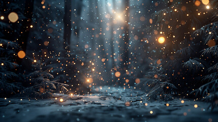Snow is falling on the ground in a dark snowy forest at night. The trees are covered in snow, creating a white blanket over the landscape - Powered by Adobe