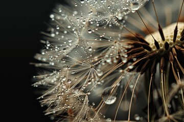 Close-up of a dandelion with water droplets, dark background