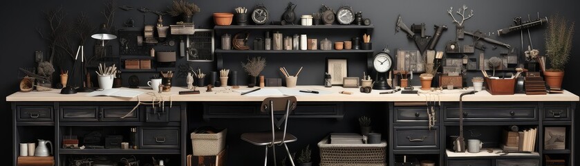 Craft Room background flat design top view eclectic scrapbooking spot theme 3D render black and white