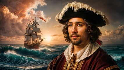 Columbus's day. Oil painting. Poster, cinematic, illustration, painting, wildlife photography