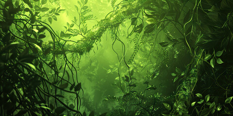 Mossy Green Jungle: Lush vegetation fills the frame, leaves and vines intertwining with each other in the dim green light