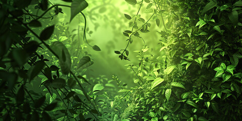 Obraz premium Mossy Green Jungle: Lush vegetation fills the frame, leaves and vines intertwining with each other in the dim green light