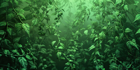 Mossy Green Jungle: Lush vegetation fills the frame, leaves and vines intertwining with each other in the dim green light