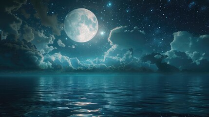 Romantic Moon With Clouds And Starry Sky Over Sparkling Blue Water realistic