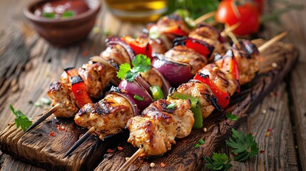 Chicken kebab on a rustic wooden table