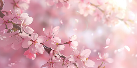 Obraz premium Soft Pink Blossom: A branch heavy with cherry blossoms, petals fluttering gently in the breeze