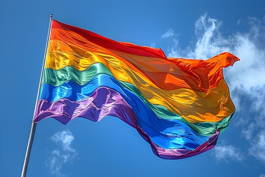 Bandera del orgullo  gay en el cielo azul. Diversidad, tolerancia y libertad en la sexualidad  humana
