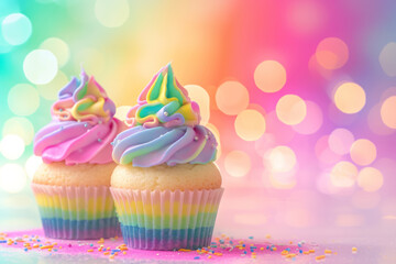 rainbow swirl cupcakes with sparkling sprinkles on festive background