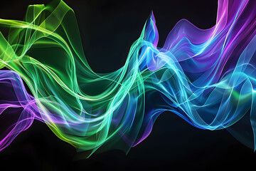 Radiant neon waves in a harmonious dance of color. Abstract art on black background.