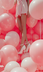 A girl's legs are sticking out from a pile of pink balloons.Minimal creative party concept.