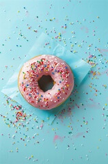 Pink donut on a pastel blue background with colorful sprinkles and blue paper.minimal creative food concept.