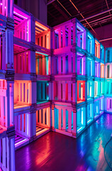 Obraz premium A colorful neon light installation of milk crates arranged in an artistic fashion.Minimal creative drink,business and interior concept.