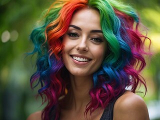 Photo of a Happy Woman With Curly Multicolored Hair, AI Generative