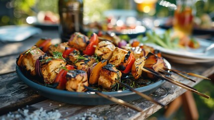  Chicken kebab on a picnic table outdoors