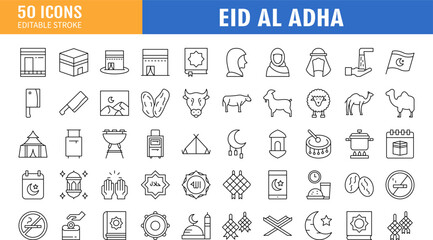 set of 50 outline web eid al adha icons such as clothes, calendar, goat, hajj, card, tambourine, islam, mosque vector thin line icons for web design, mobile app.
