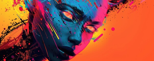 Abstract portrait with splashes of neon colors and geometric patterns. Vivid pink, yellow, and blue hues blend to create a dynamic and expressive piece, highlighting facial features in a striking way.