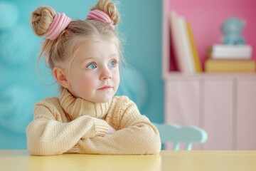 Cheerful girl with books on gradient backdrop, providing ample space for creative text placement