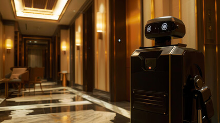 Bag-lifting robot assisting in luggage handling at a luxury hotel
