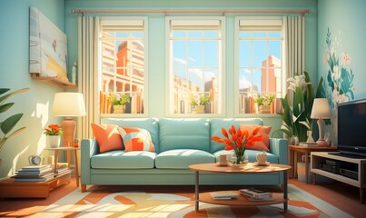 Family Room background flat design front view cozy gathering theme animation Complementary Color Scheme