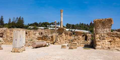 Obraz premium Partially reconstructed Baths of Carthage, largest complex of Roman thermae on African continent, with remains of stone walls and Corinthian columns giving sense of former grandeur under Tunisian sun