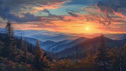 Smoky mountain sunset realistic