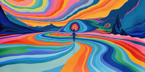 The Blue LSD Trip: A kaleidoscope of colors swirls around a peaceful landscape, with a single figure standing amidst it all, their arms outstretched to embrace the endless rainbow