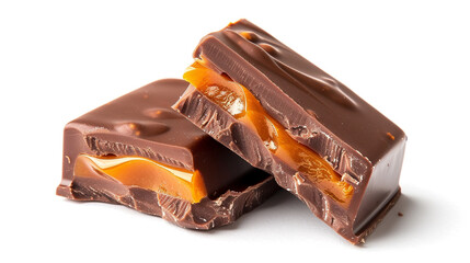Two chocolate bars with caramel fillings filling cut in half 