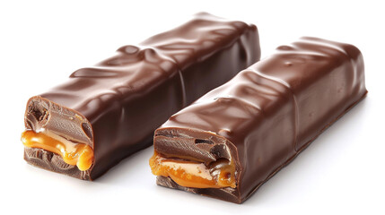 Naklejka premium Two chocolate bars with caramel fillings filling cut in half 