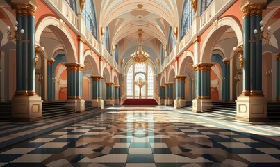 Obraz premium Foyer background flat design side view luxurious ornate hall theme animation Tetradic color scheme