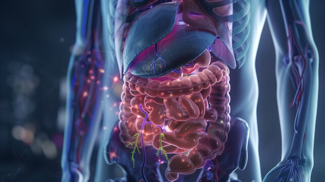 3D Medical Illustration of Person Experiencing Abdominal Pain with Focus on Affected Internal Organs