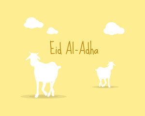 Eid al-Adha Mubarak  celebration of Muslim community, Festival Eid Al Adha Greeting card, poster with sacrificial sheep and crescent moon cream brown background. Vector illustration.

