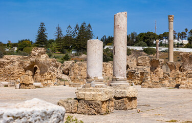 Obraz premium View of sun-drenched ruins of Roman Baths complex of Antoninus in ancient Phoenician town of Carthage with remnants of marble Corinthian columns and stone structures, Tunisia