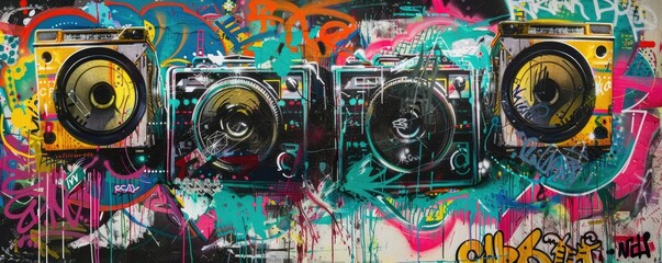 Obraz premium Boom boxes and graffiti with a blend of 90s hip-hop culture. Vivid street art in the background complements the retro audio equipment, creating a nostalgic and energetic urban scene.