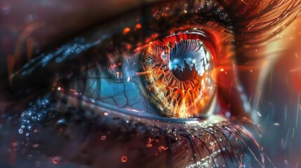 The image shows an eye with a glowing red and blue iris. The eye is looking at the viewer with a sense of intensity. The image is very detailed and realistic. realistic