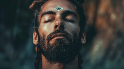 handsome man meditating with his eyes closed and reflecting peace on his face in high resolution