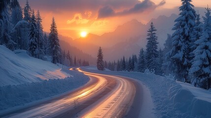 A beautiful winter mountain road in the Alps with snow on both sides, early sunset sunrise sky