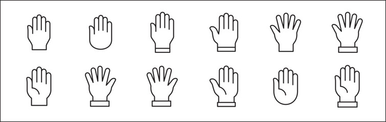 Hand icon. Palm hand icons. Hands symbol collection. Hands icon symbol of participate, volunteer, stop, vote. Vector stock graphic outline style design illustration resource for UI and buttons.
