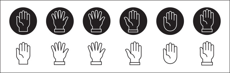 Obraz premium Hands symbol collection. Palm hand icons. Hand button icon. Hands icon symbol of participate, volunteer, stop, vote. Vector stock graphic, line style design illustration resource for UI and buttons.