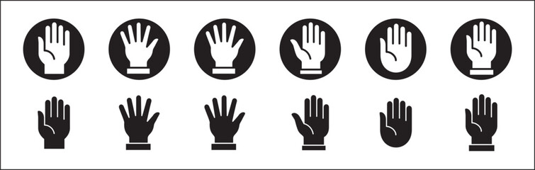 Hands symbol collection. Palm hand icons. Hand button icon. Hands icon symbol of participate, volunteer, stop, vote. Vector stock graphic, flat style design illustration resource for UI and buttons.