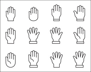 Hand icon. Hands symbol collection. Palm hand icons. Hands icon symbol of participate, volunteer, stop, vote. Vector stock graphic outline style design illustration resource for UI and buttons.
