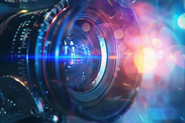 closeup of professional video camera lens with lens flare filmmaking and videography concept digital painting