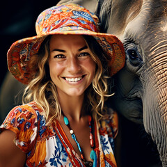 A warm close-up of a woman radiating pure happiness. Her charming smile and her elephant-like eyes were beautiful. 1