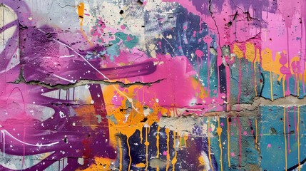 colorful abstract graffiti on old city street wall with pink and purple paint drips flows and sprays