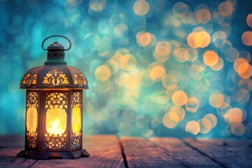 Arabic lantern illuminated on table with enchanting blurred background setting the mood