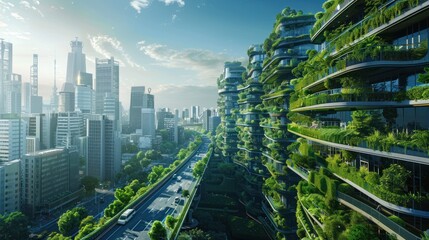 Obraz premium A futuristic city skyline with integrated green spaces and electric vehicles, showcasing a vision of urban sustainability and carbon-neutral living.